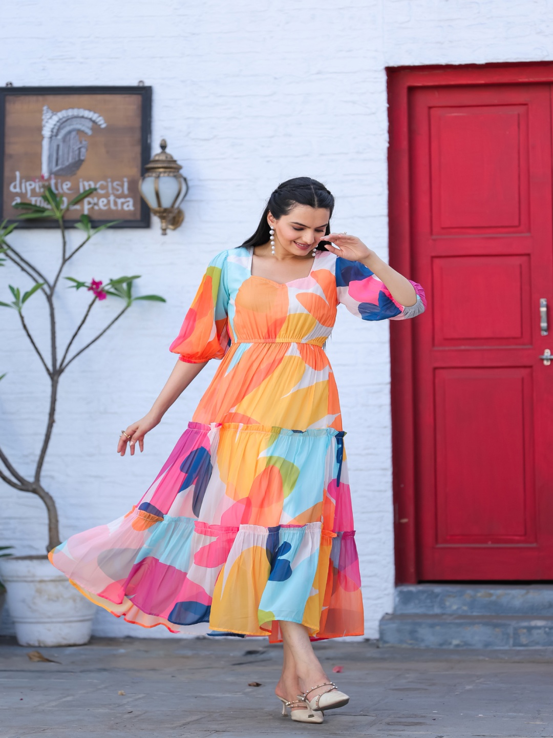 

Masakali.Co Printed Georgette A-Line Midi Dress, Orange