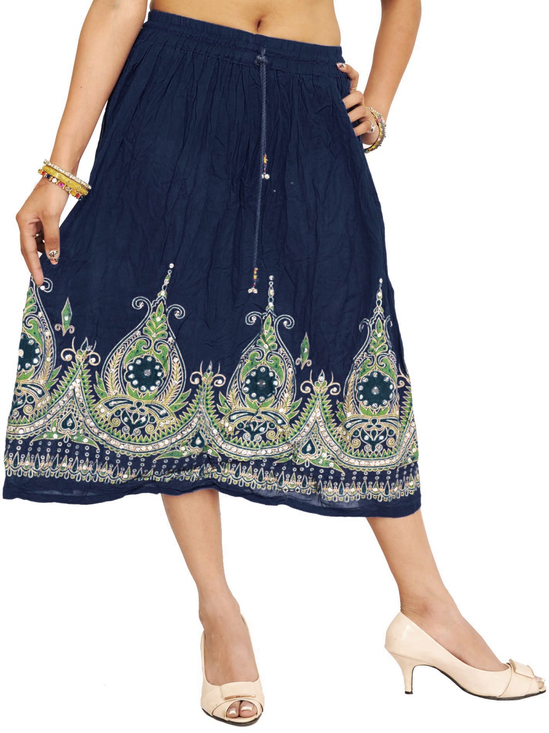 

Exotic India Printed A-Line Midi Skirt, Blue