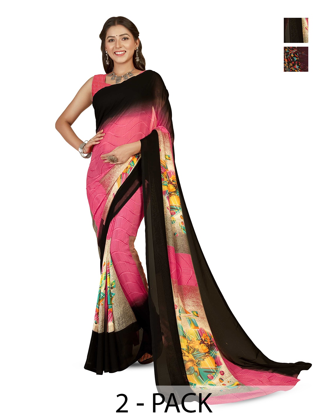 

ANAND SAREES Pack of-2 Floral Printed Saree, Pink