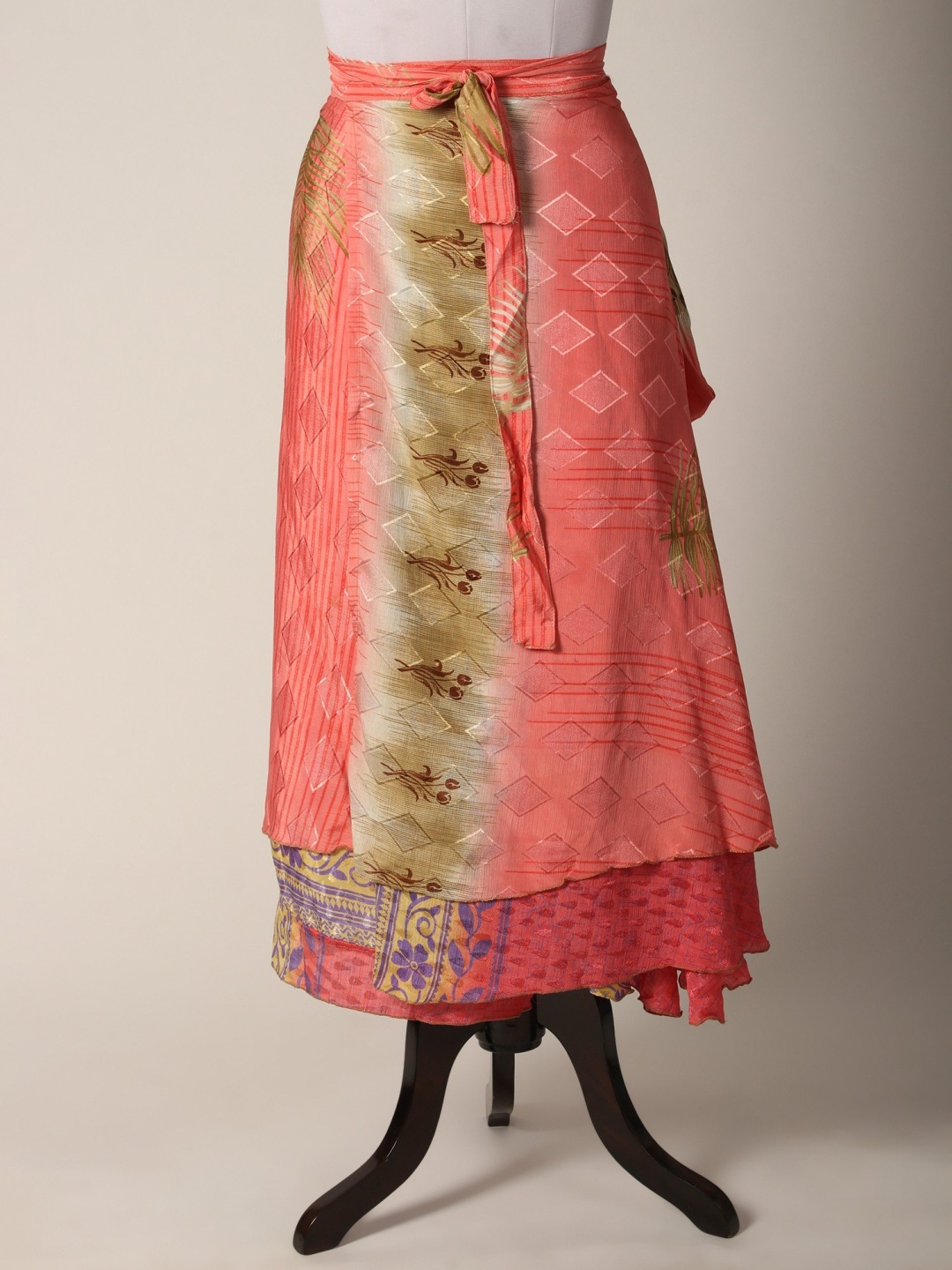 

Exotic India Printed Silk A-Line Reversible Wrap Maxi Skirt, Coral