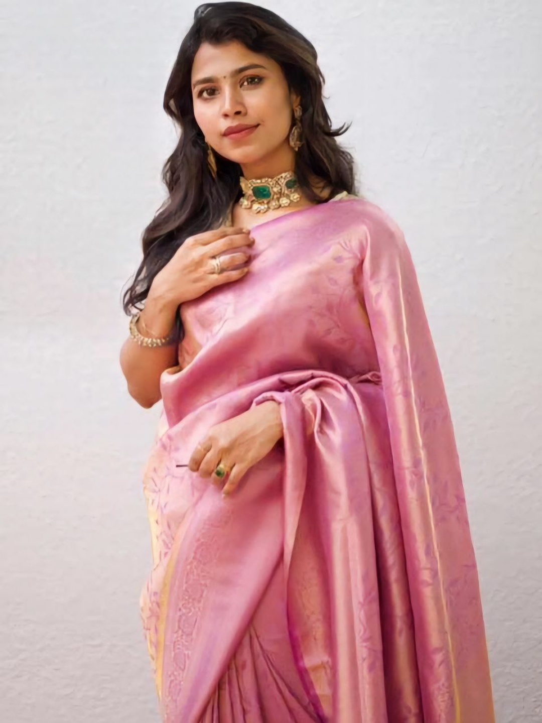 

KALINI Floral Woven Design Zari Kanjeevaram Saree, Pink