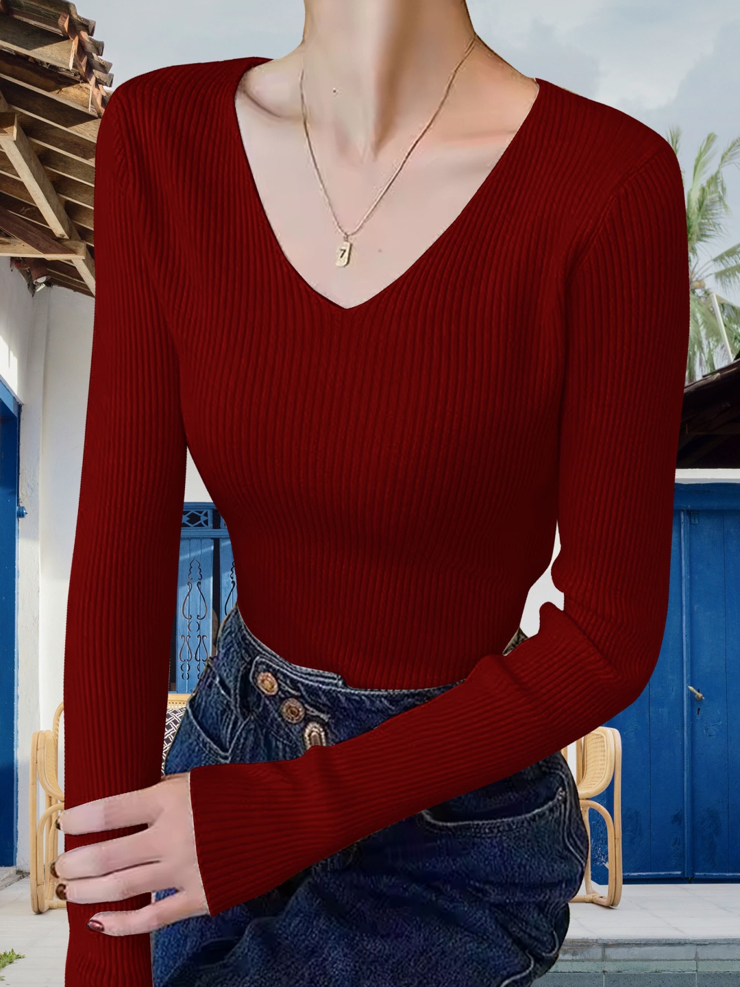 

MISS AYSE Women Cotton V Neck Long Sleeves Maroon Top