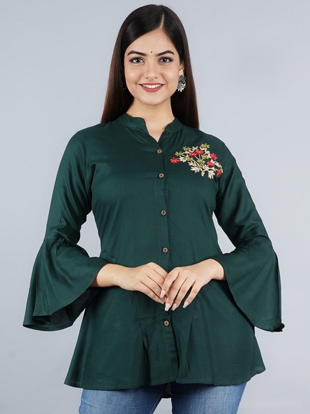 

MANKSH Mandarin Collar Bell Sleeve Shirt Style Top, Green