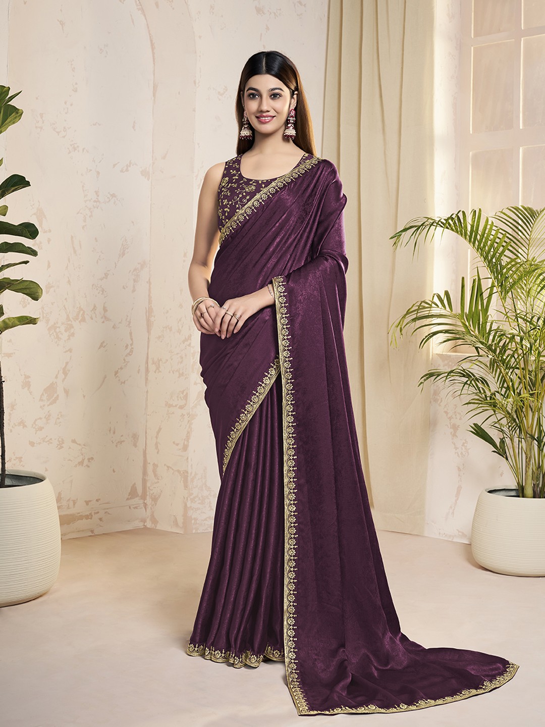 

Inddus Embroidered Velvet Saree, Purple