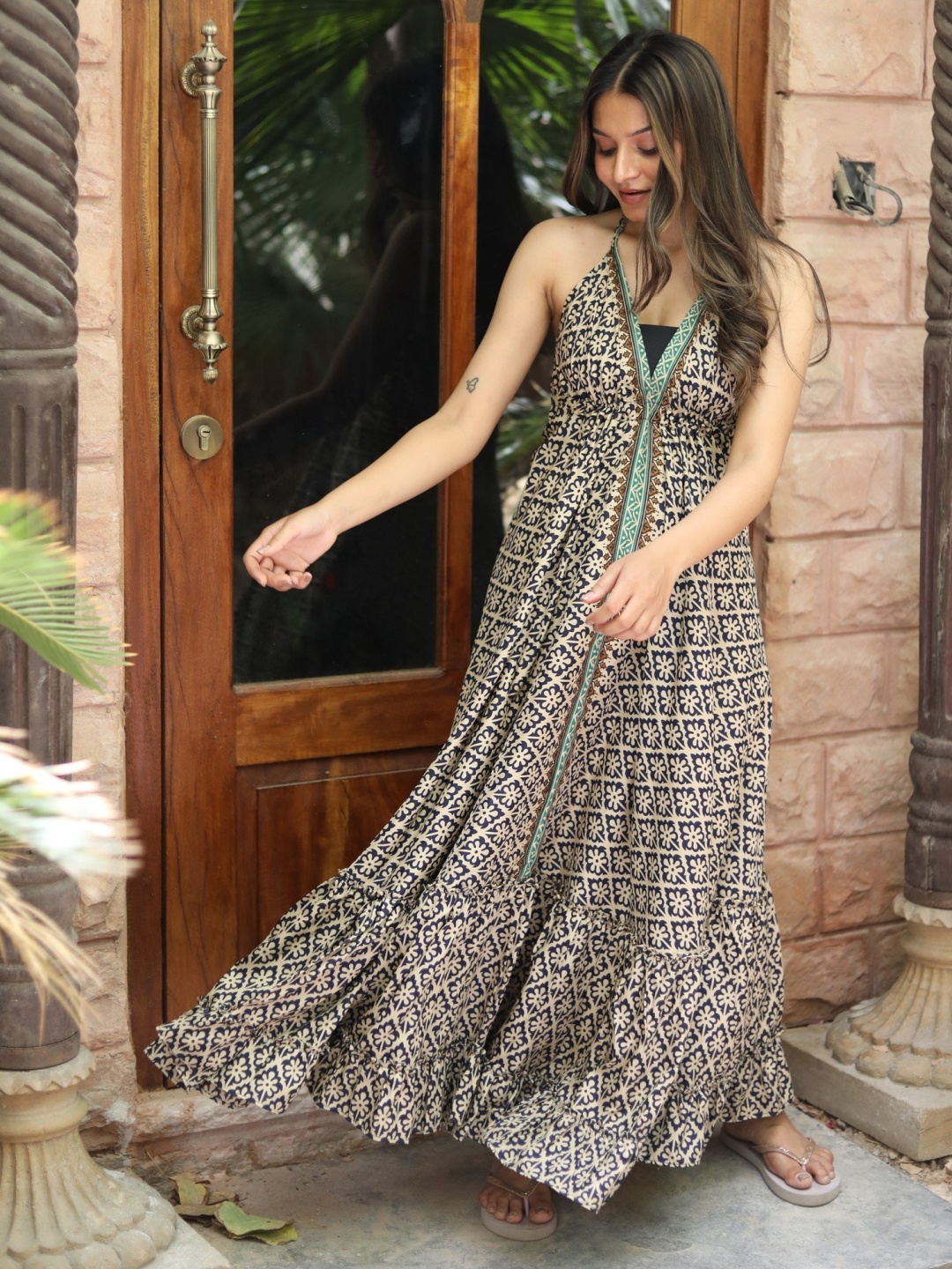 

Exotic India Floral Printed Shoulder Strap Maxi Dress, Beige