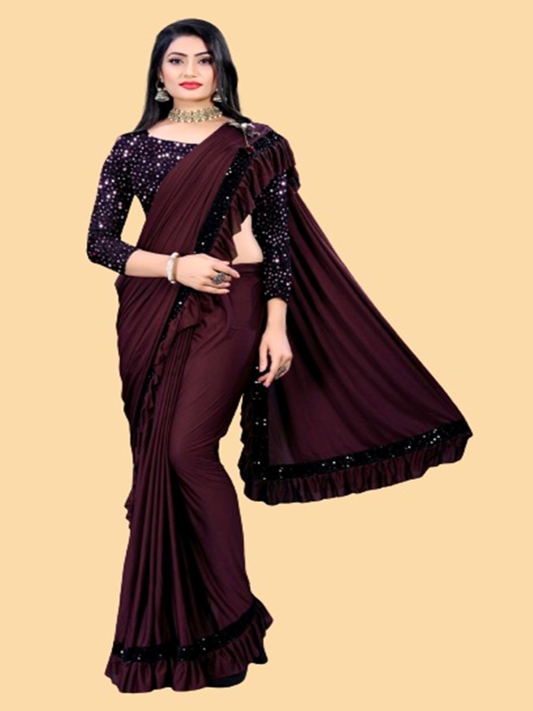 

LADY SHOPI Women Sequinned Ready to Wear Saree, Purple