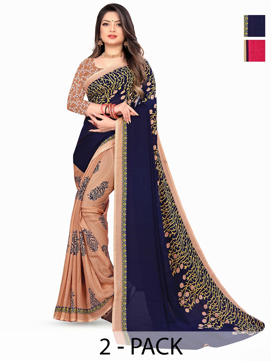 

ANAND SAREES Ethnic Motifs Poly Georgette Saree 2-pcs, Navy blue