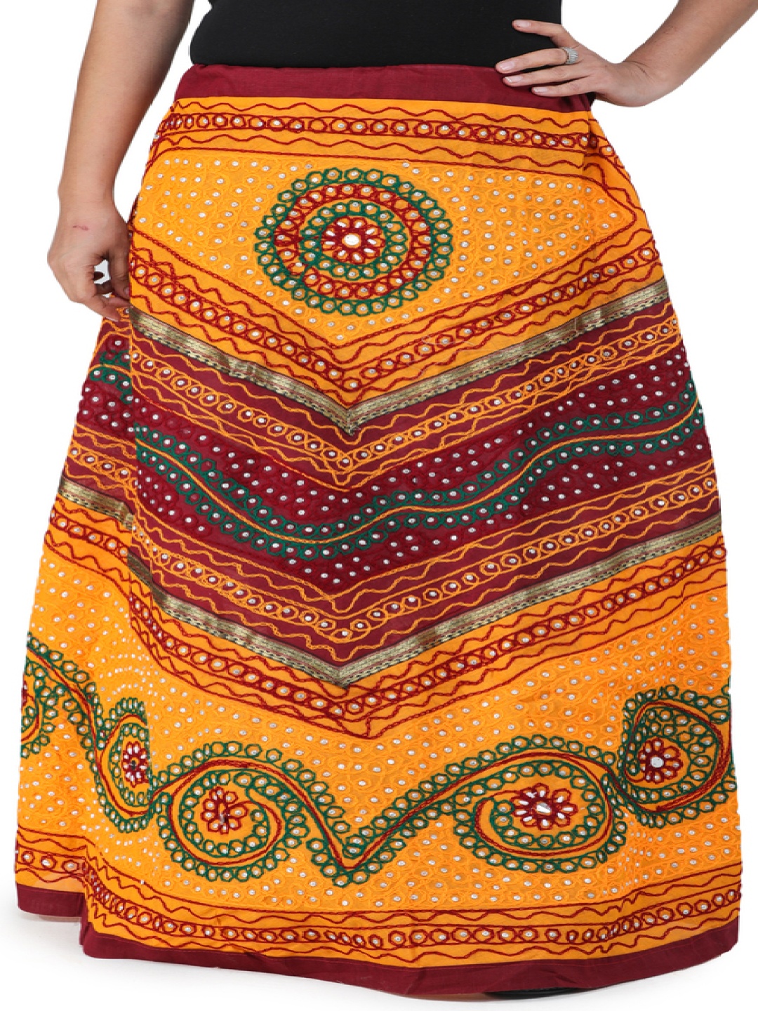 

Exotic India Embroidery Pure Cotton Flared Maxi Skirts, Yellow