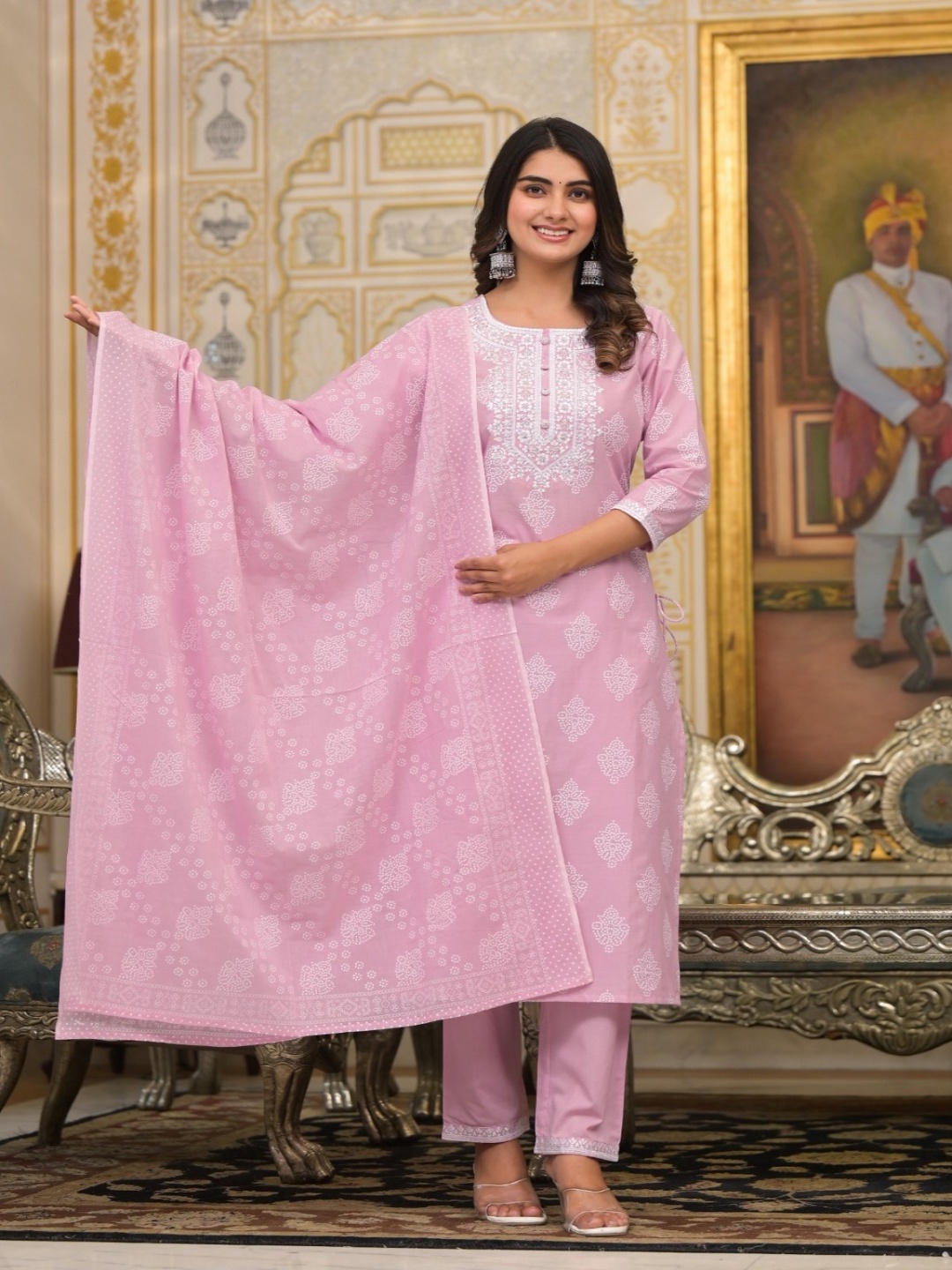 

UNISETS Ethnic Motifs Printed Thread Work Regular Kurta with Trousers & Dupatta, Pink