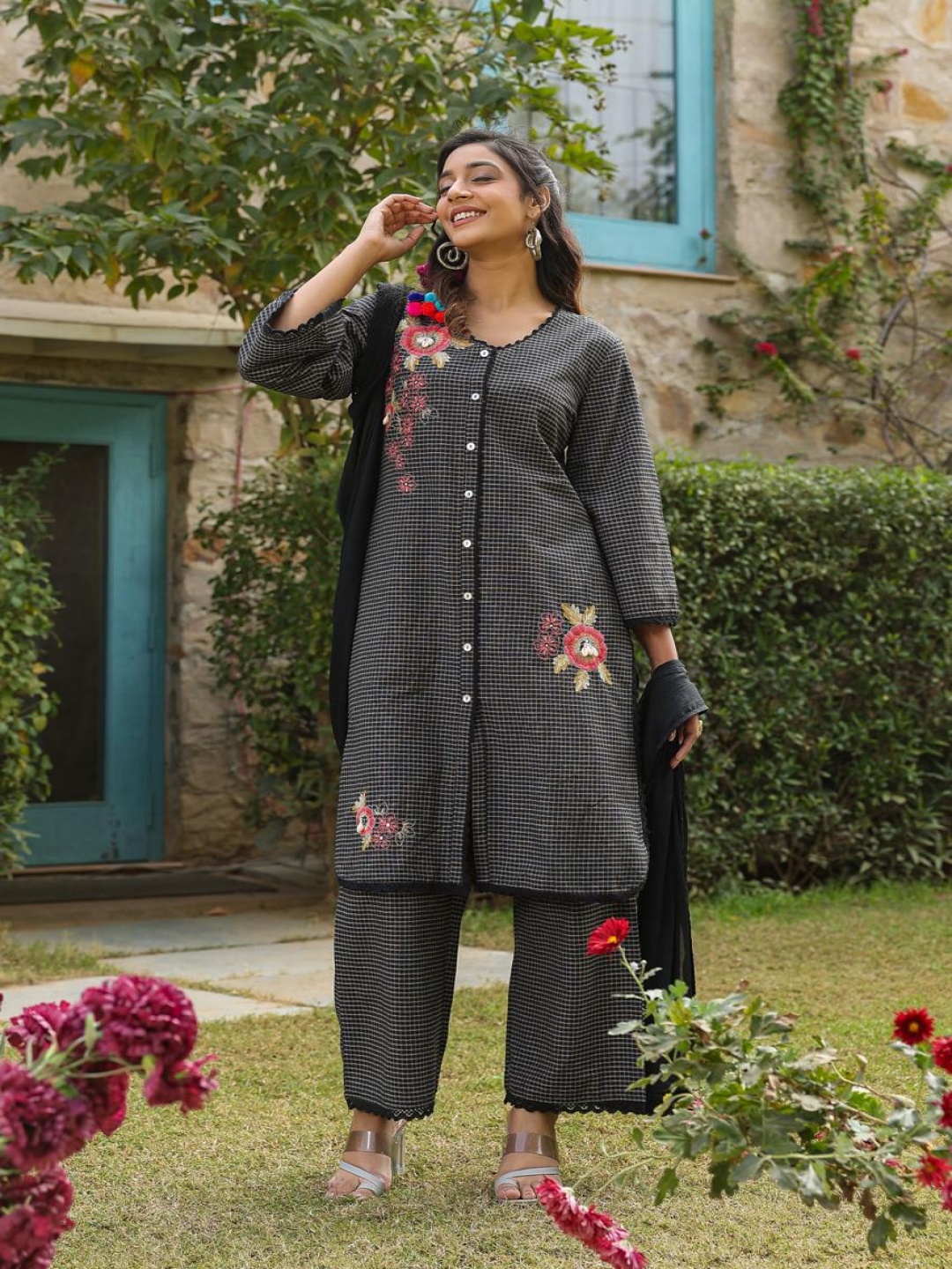 

AUTUMN LANE Embroidery Regular Kurta With Palazzos & Dupatta, Black