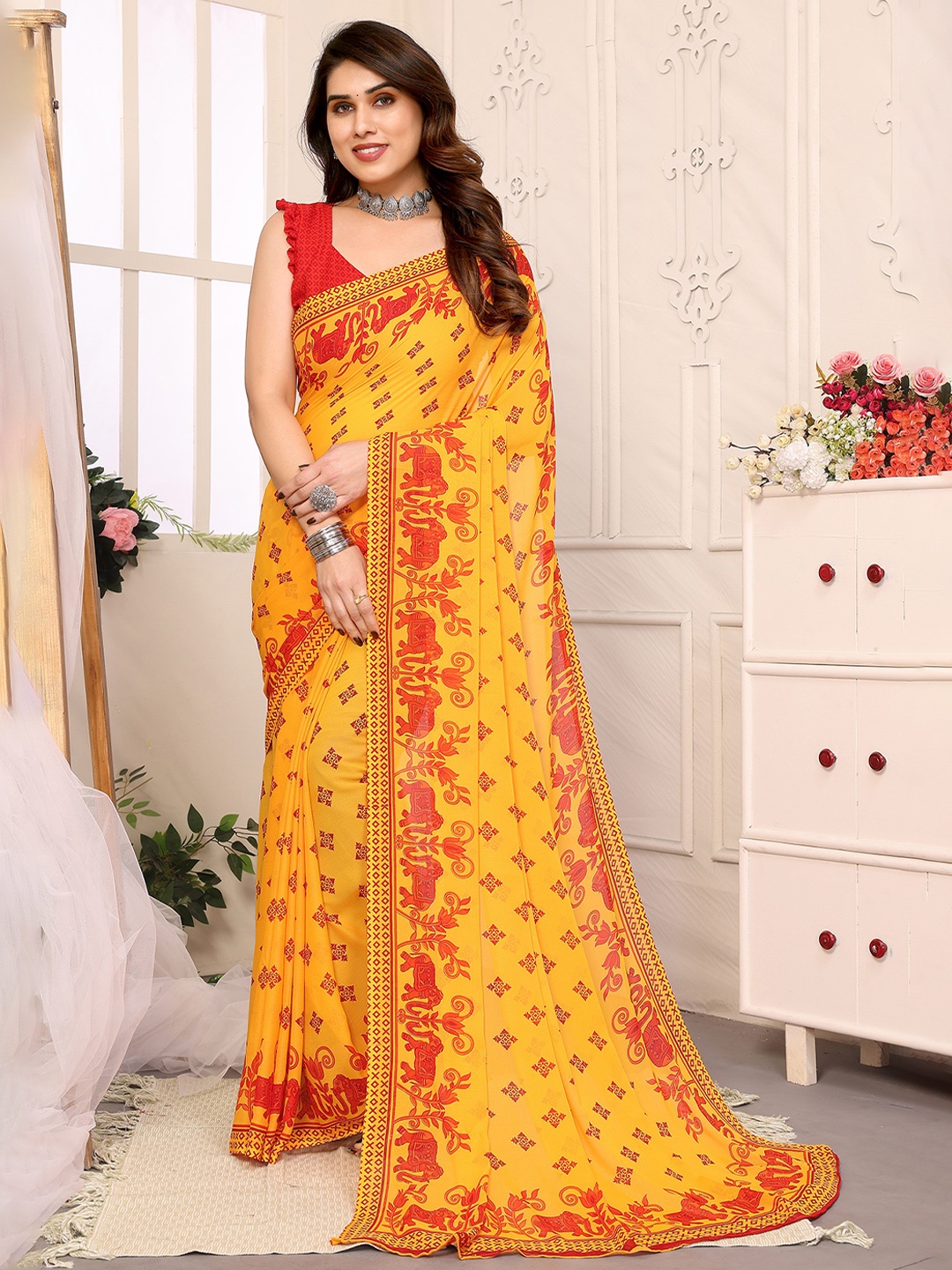 

Moda Rapido Floral Poly Georgette Saree, Yellow