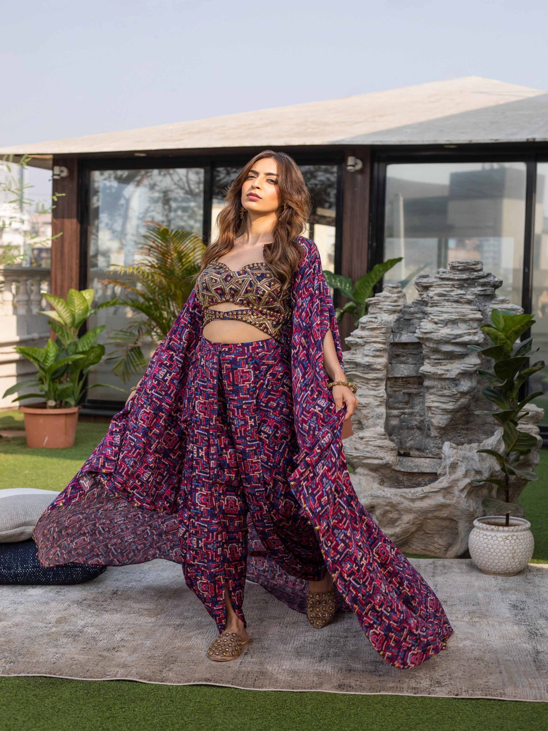 

Mehak Murpana Floral Embroidered Top with Sharara & shrug, Blue