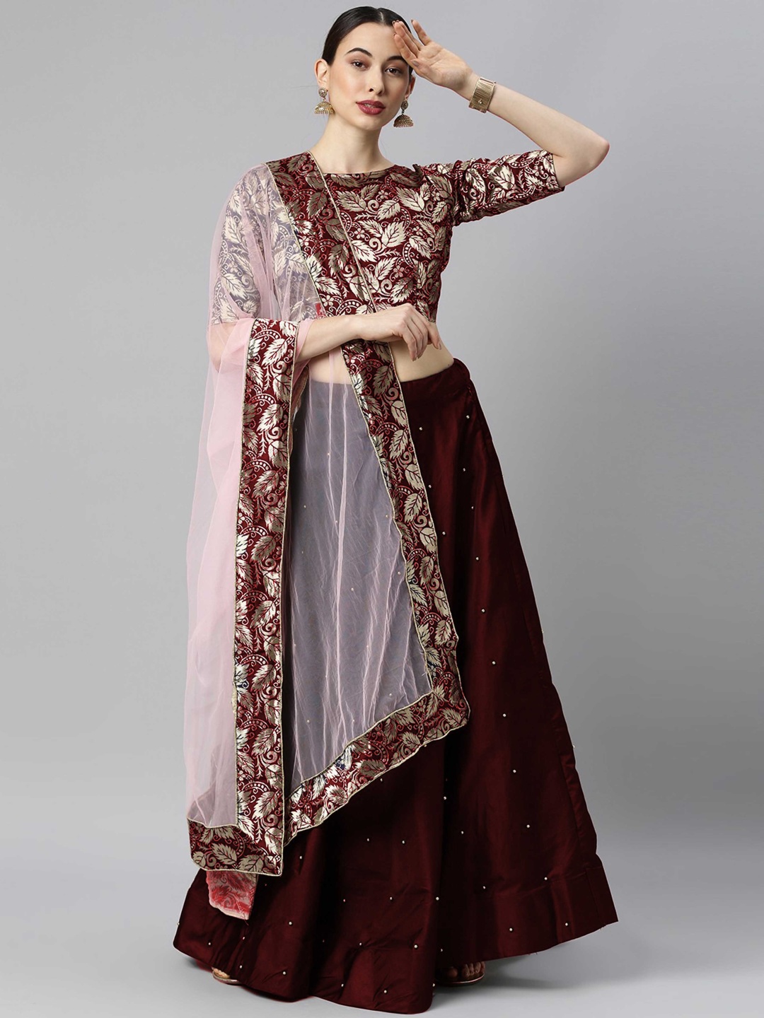 

MAGMINA Woven Design Beads & Stones Semi-Stitched Lehenga & Unstitched Blouse With Dupatta, Maroon