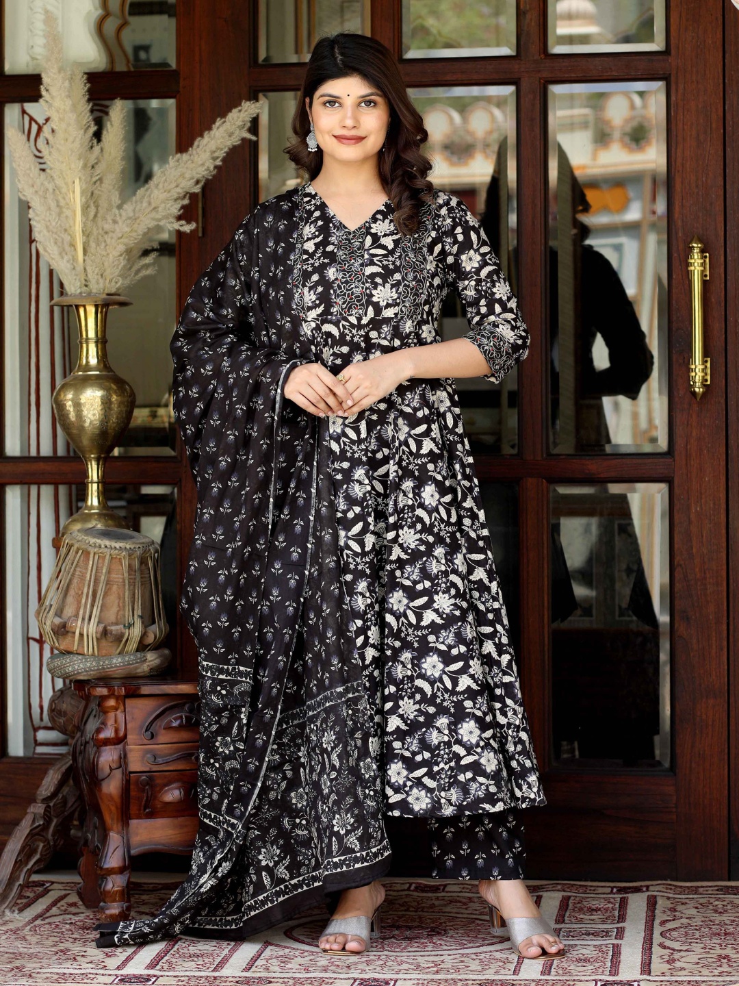 

MIRAVAN Floral Printed Regular Pure Cotton Kurta With Palazzos & Dupatta, Black