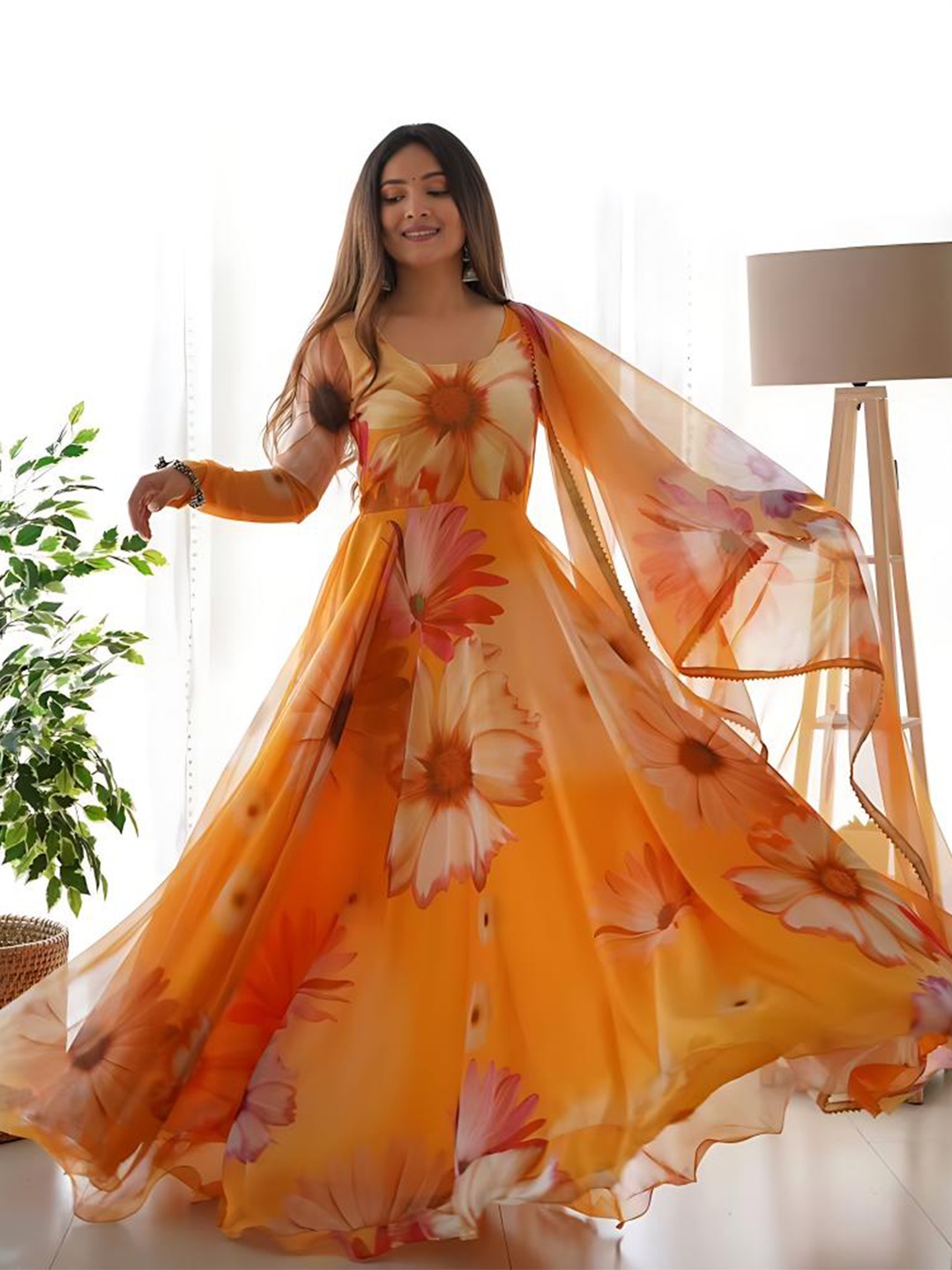 

PMD Fashion Women Printed Pastels Anarkali Kurta, Orange