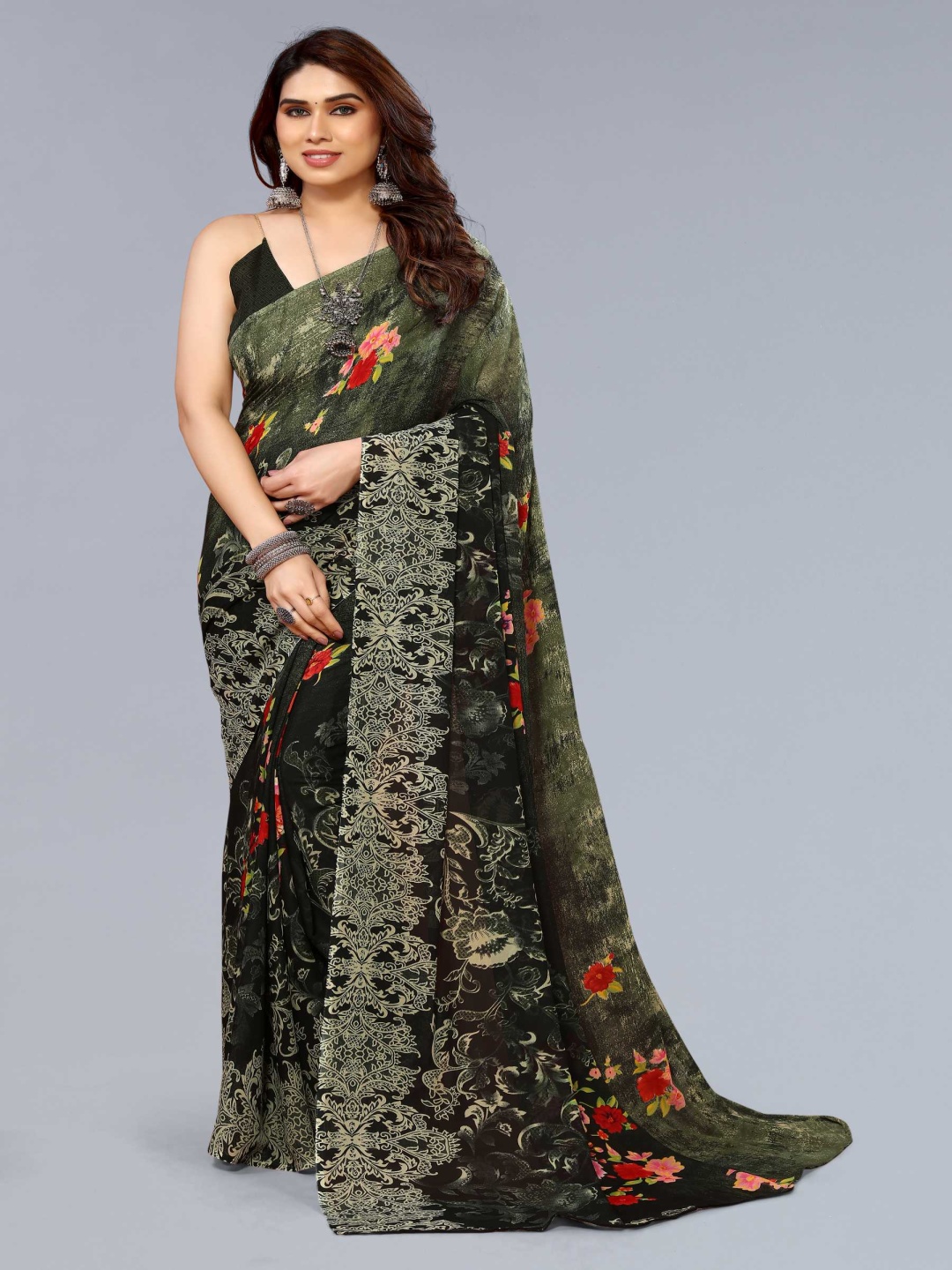 

ANAND SAREES Floral Printed, Black