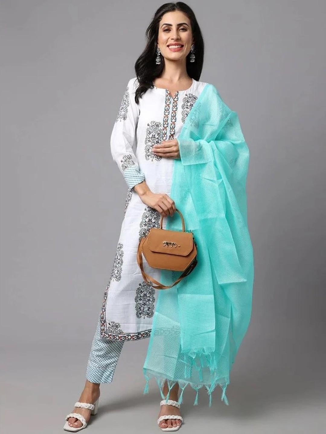 

7Threads Ethnic Motifs Printed Straight Kurta With Trousers & Dupatta, White