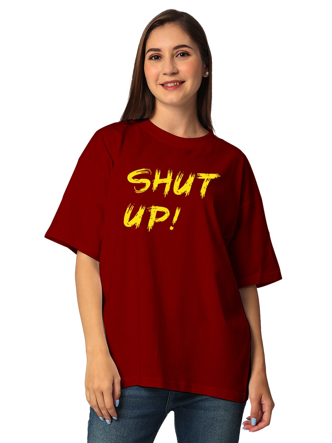 

STATUS MANTRA Women Printed Bio Finish Applique T-shirt, Maroon