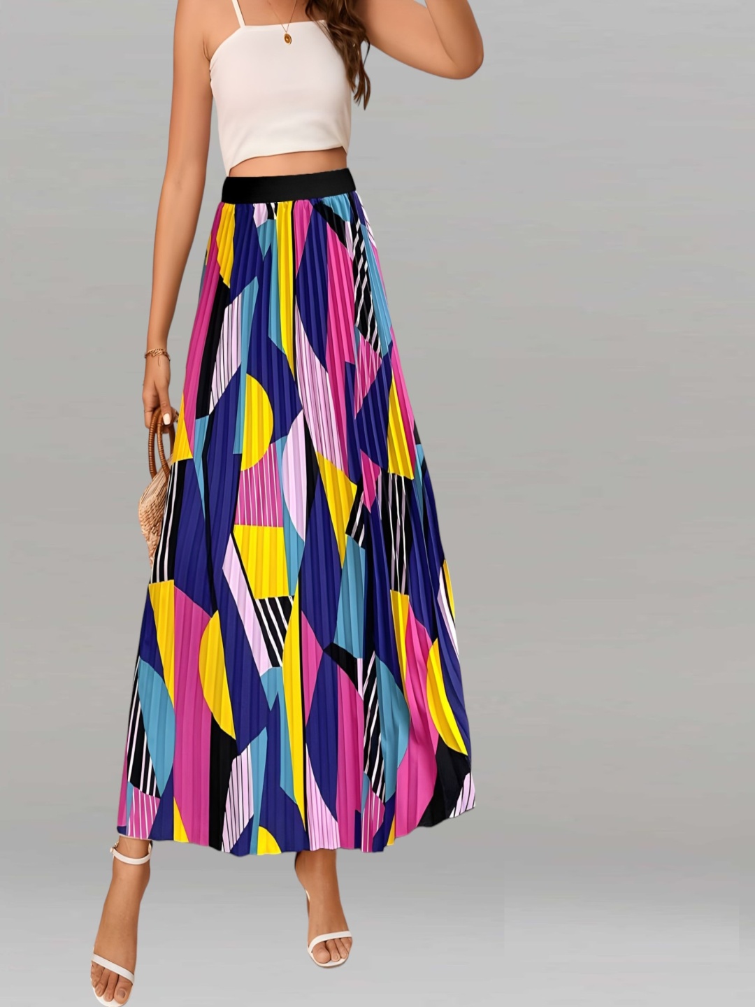 

Femvy Printed Pleated Maxi A-Line Skirt, Blue