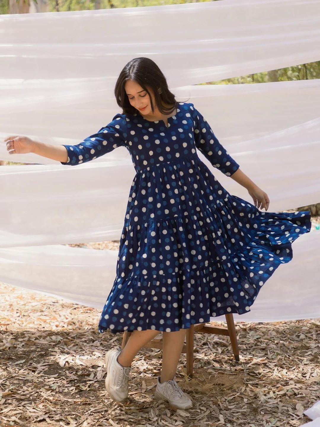 

Mera Rang Polka Dot Print Cotton Fit and Flare Dress, Blue