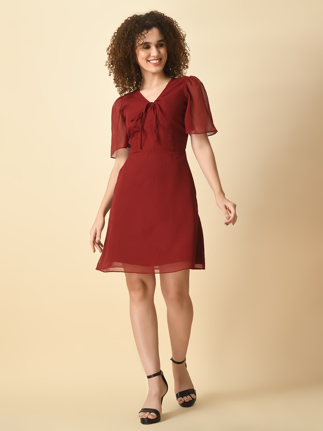 

Tushita Flared Sleeve Georgette A-Line Dress, Maroon