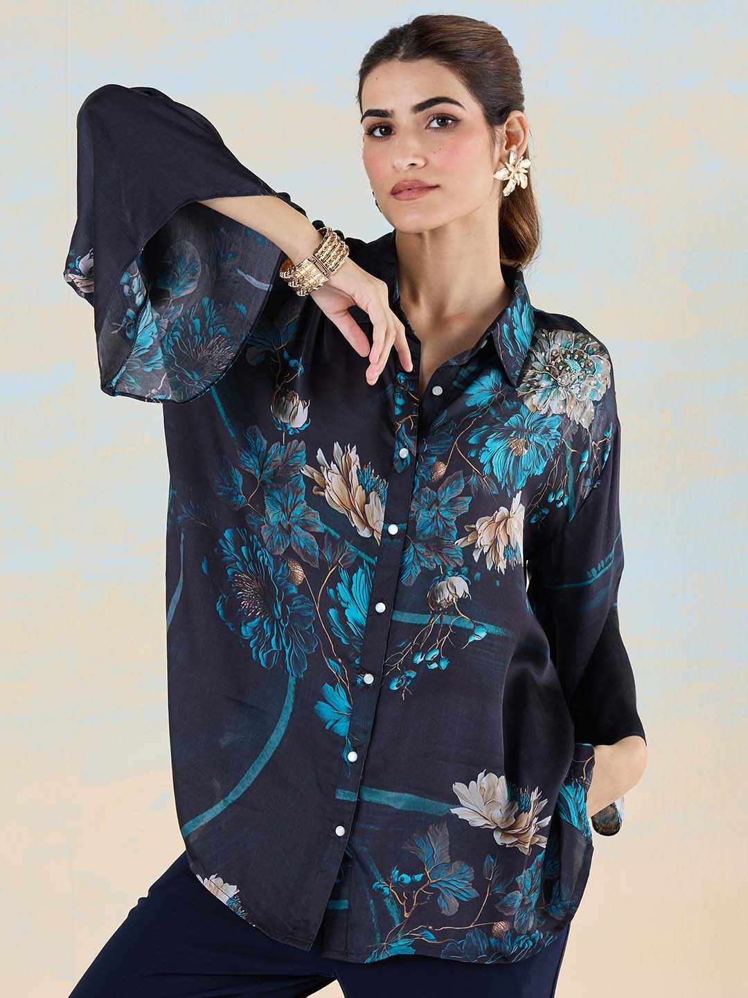 

navyasa by liva Floral Print Liva Shirt Style Top, Black