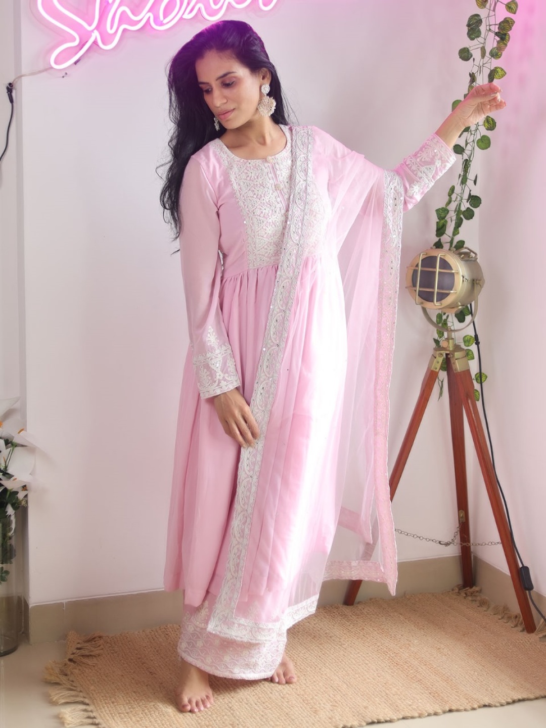 

ODETTE Women Ethnic Motifs Embroidered Regular Kurta with Palazzos & With Dupatta, Pink