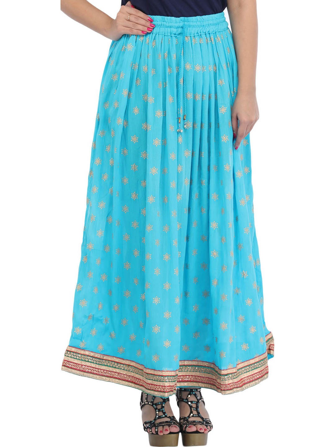

Exotic India Floral Printed Flared Maxi Skirt, Blue