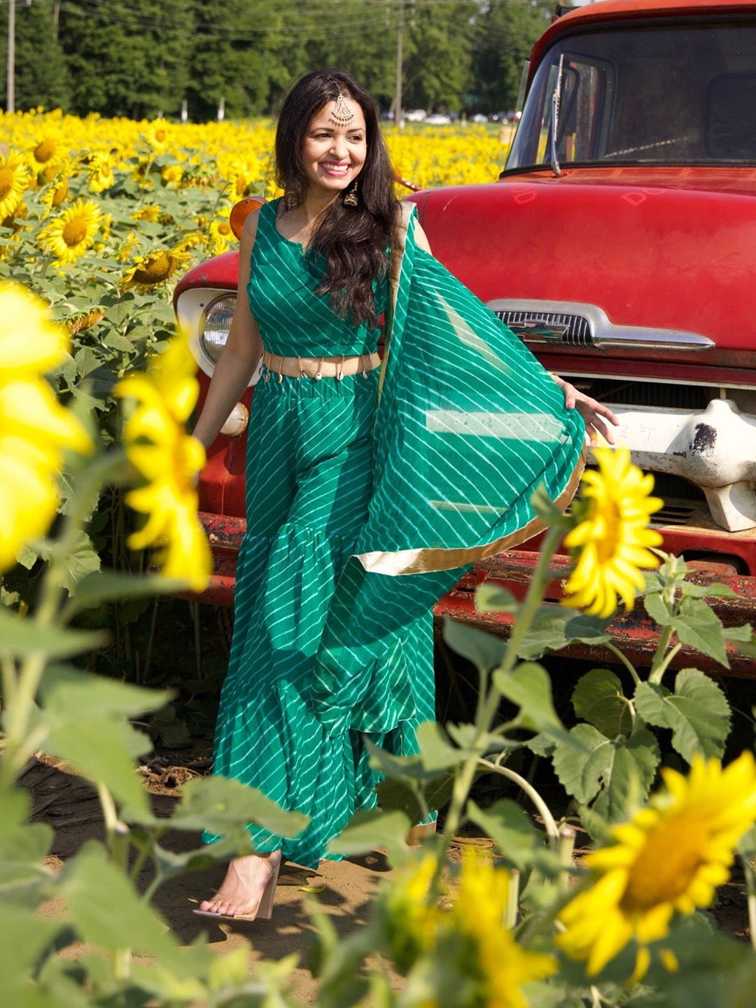 

Chandbaali Leheriya Printed Top With Sharara & Dupatta, Green