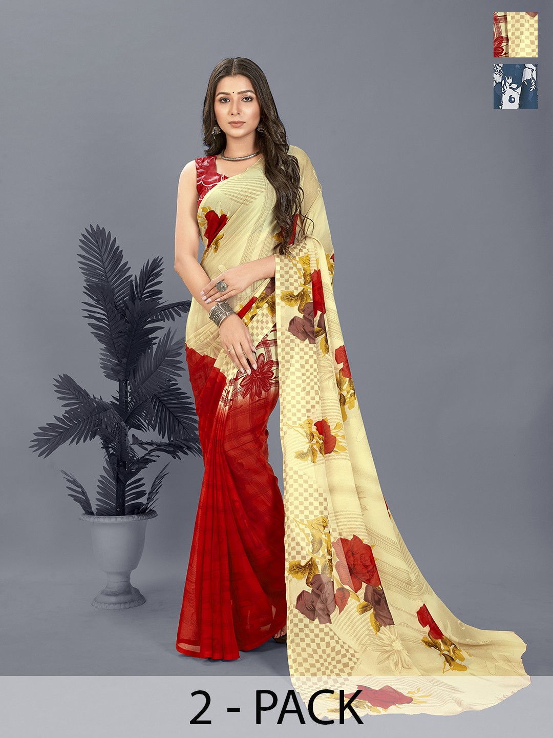 

ANAND SAREES Floral Pack of 2 Saree, Beige