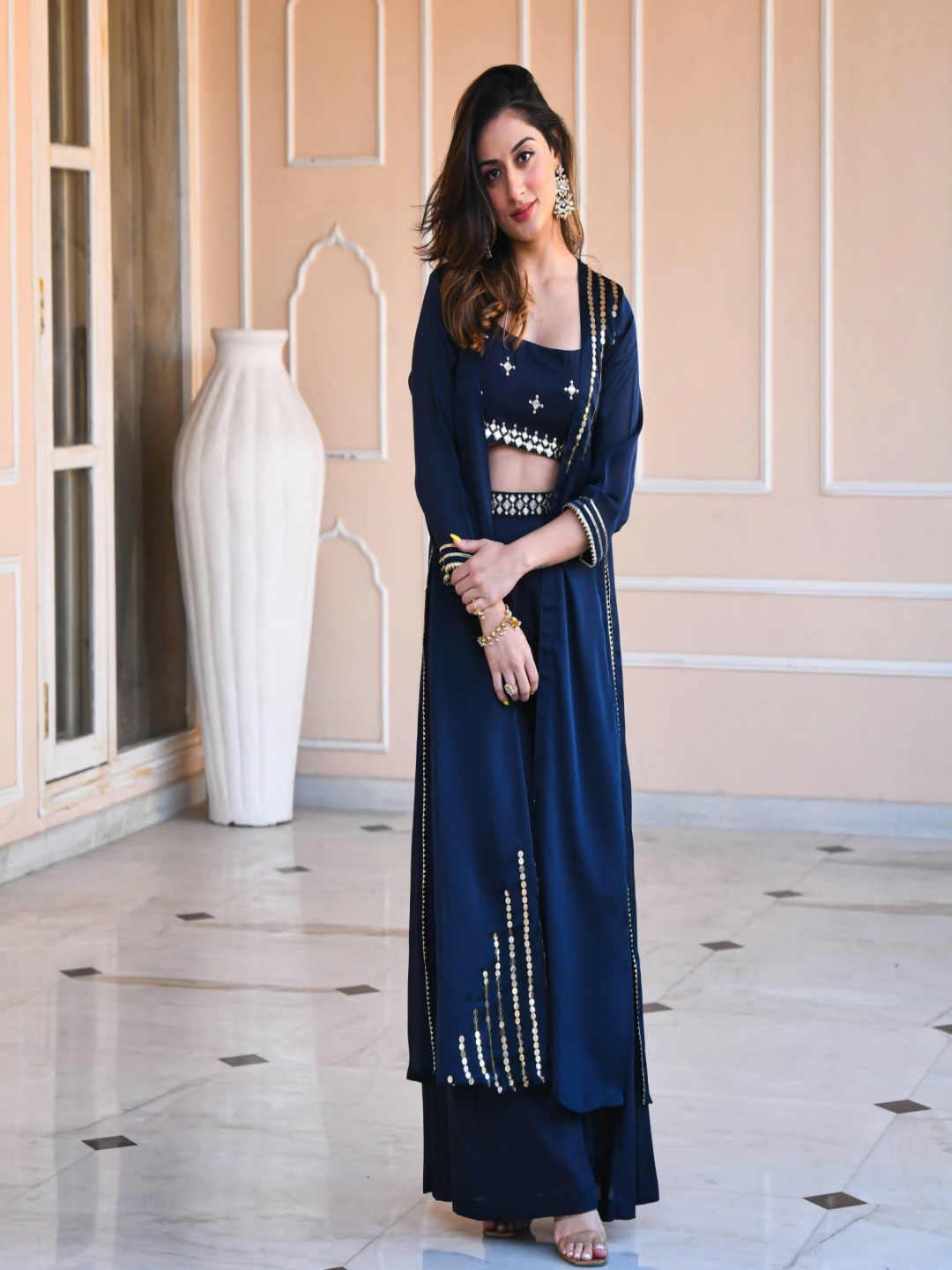 

Purple State Embroidered Top With Palazzos & Shrug, Navy blue
