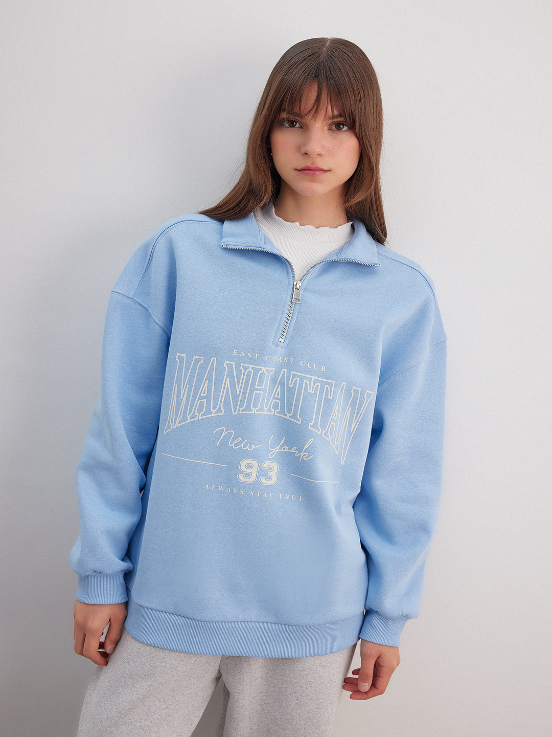 

DeFacto Typography Printed Mock Collar Half Zipper Pullover Longline Sweatshirt, Blue