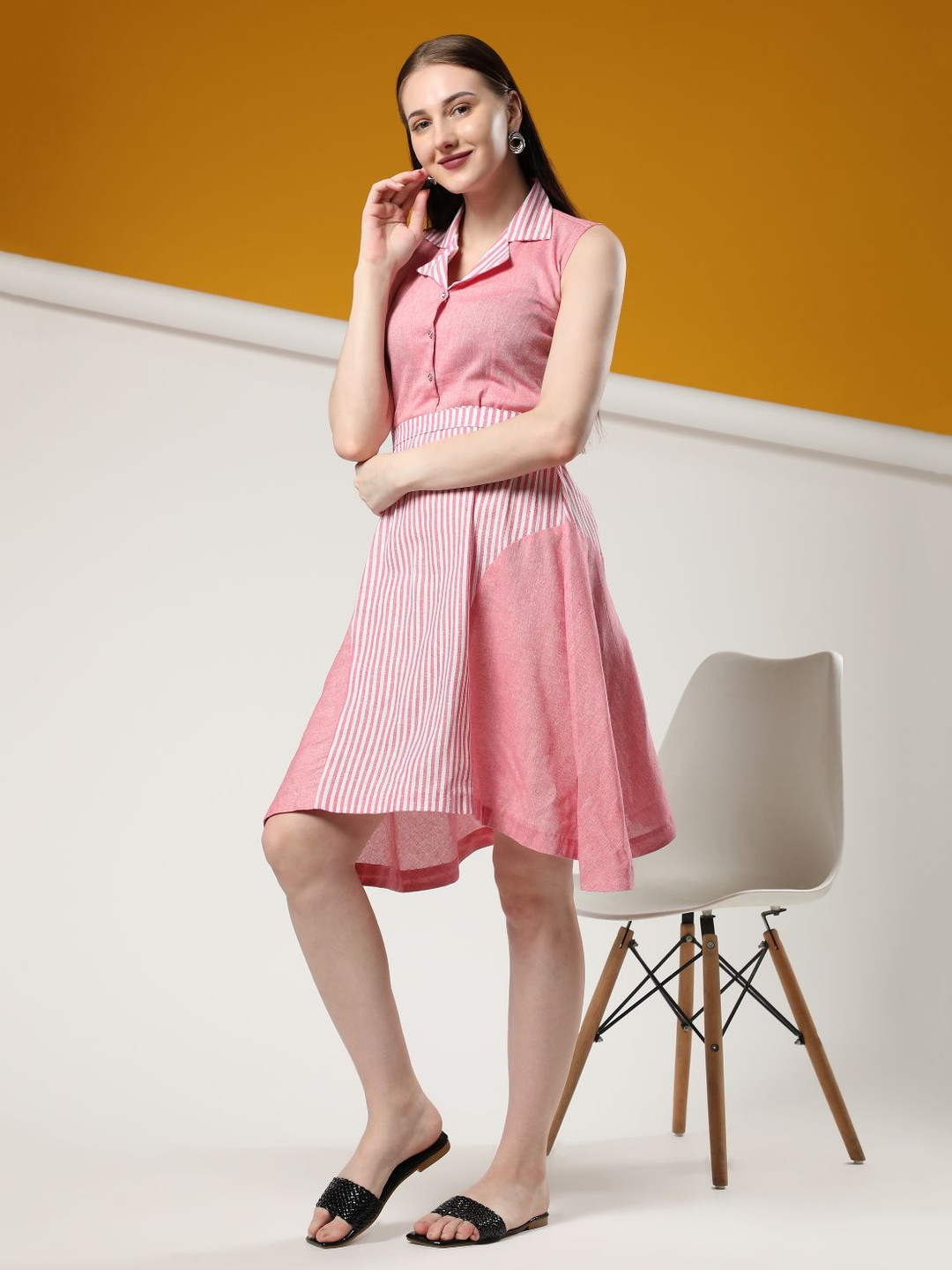 

Rudraaksha Creations Striped Cuban Collar Cotton Shirt Style Dress, Pink