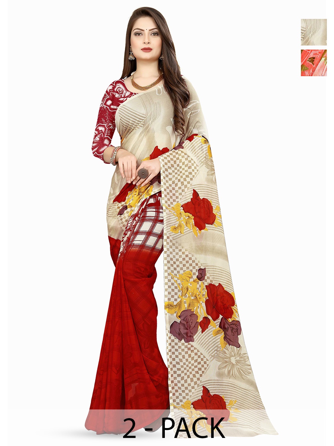 

ANAND SAREES Pack of-2 Floral Printed Saree, Red