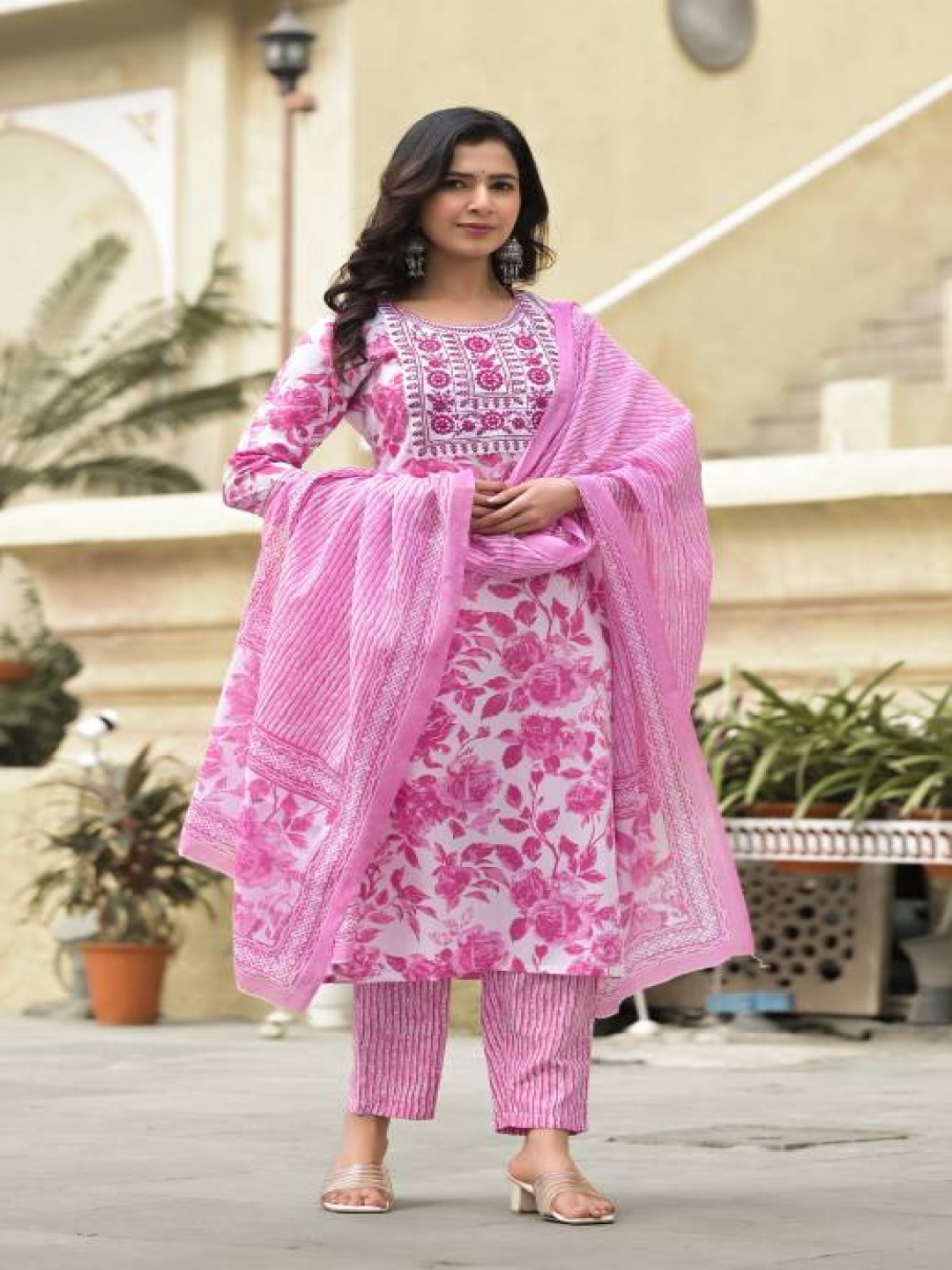 

Subh LAXMI Floral Printed Regular Mirror Work Straight Kurta with Trousers & With Dupatta, Pink