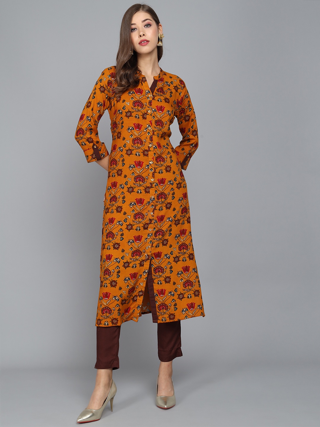 

Anouk Women Floral Printed Regular Kurta with Trousers, Mustard