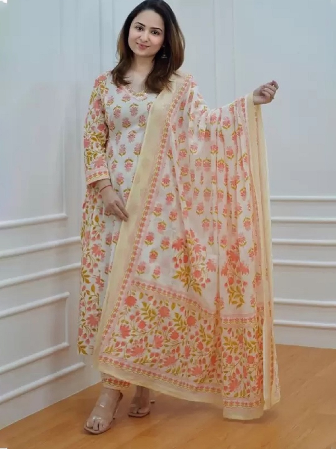 

BAESD Ethnic Motifs Printed Round Neck Straight Kurta With Salwar & Dupatta, Peach