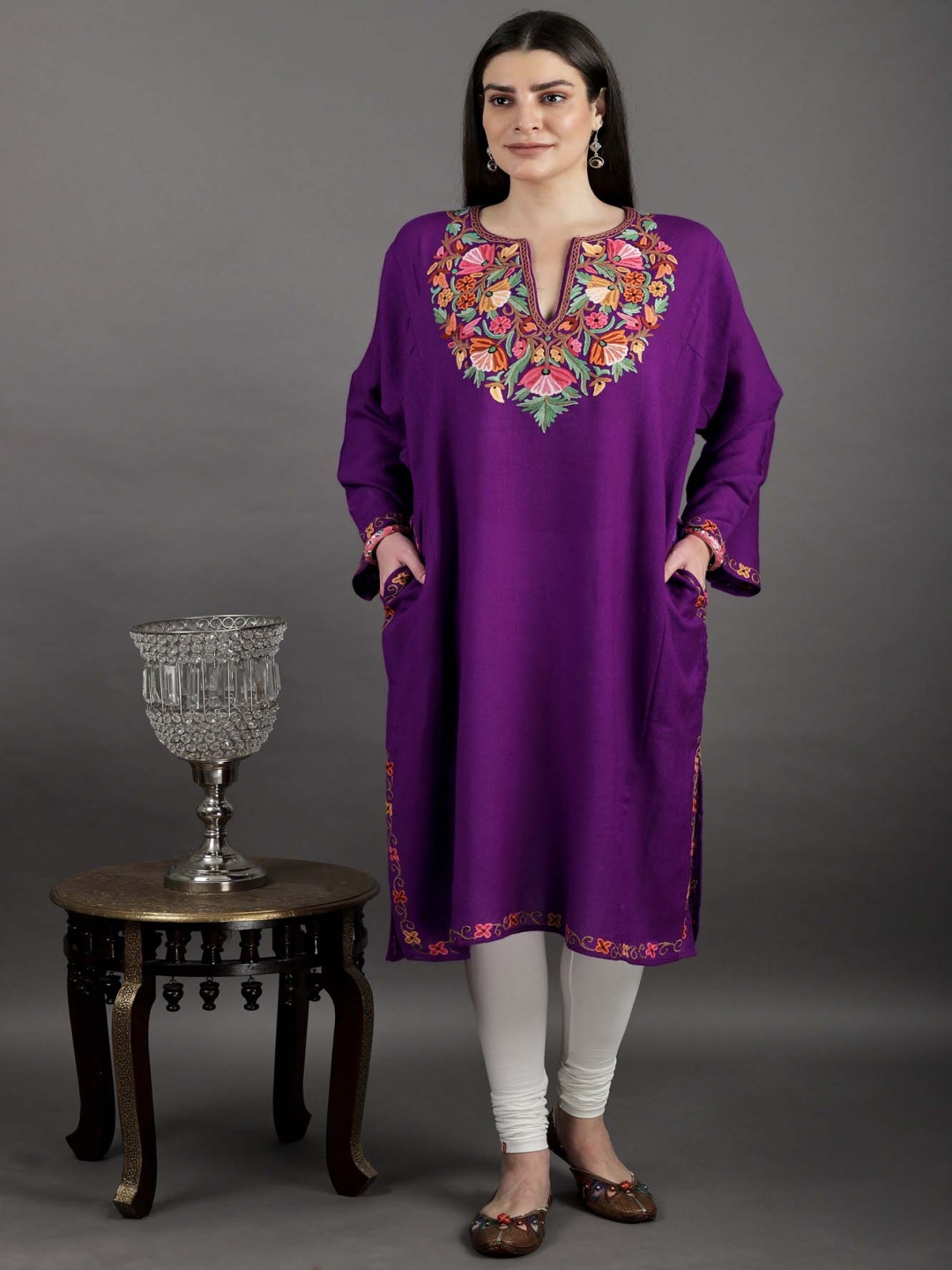

Exotic India Notch Neck Embroidered Wool Straight Kurta, Purple