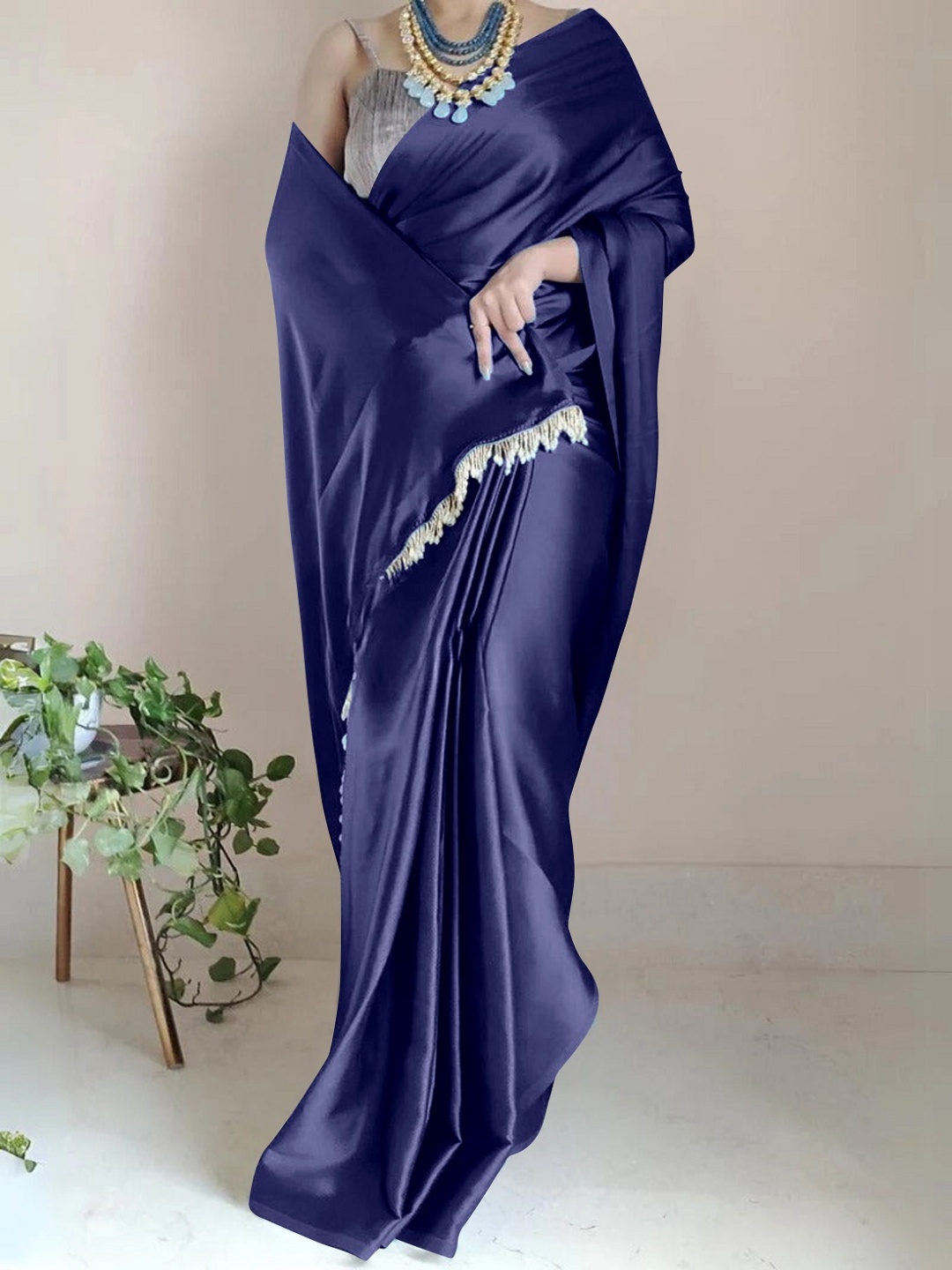 

JULEE Beads and Stones Solid Satin Saree, Navy blue