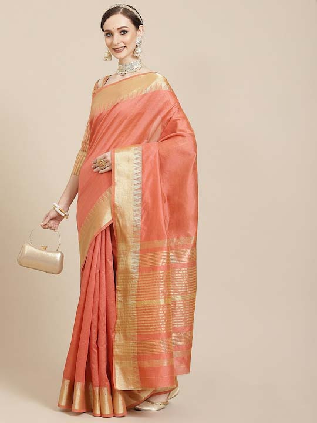 

KAVINDI Assam Silk With golden broad Zari border Party Wear Saree, Peach