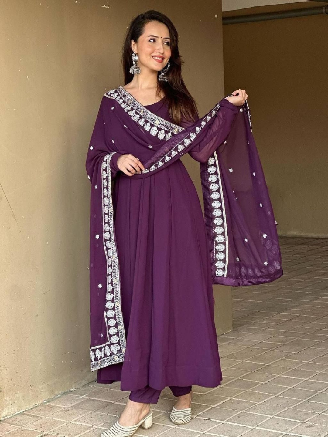 

PERFECTBLUE Women Angrakha Silk Georgette Kurta with Trousers & With Dupatta, Purple