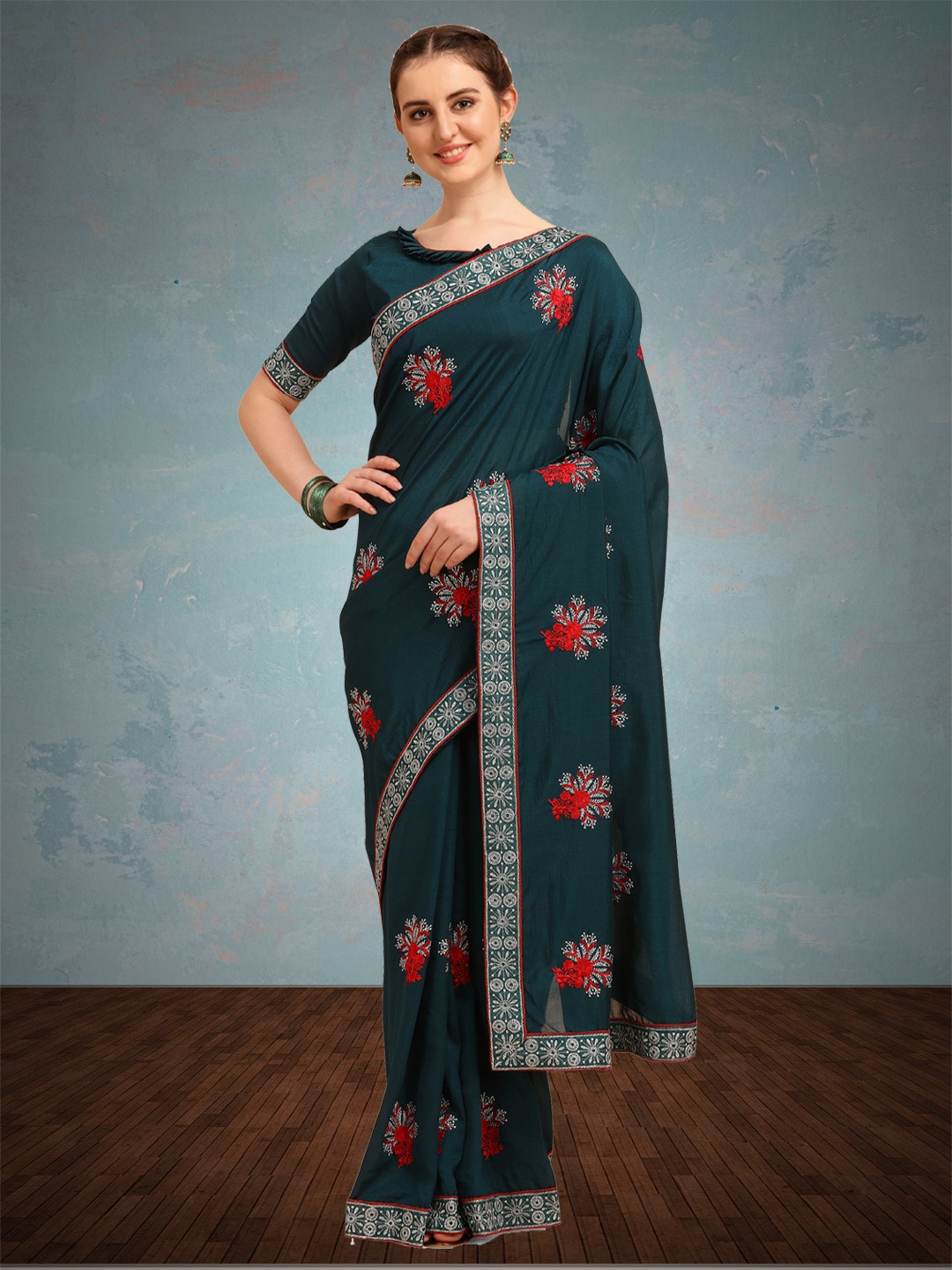 

KAVINDI Embellished Embroidered Saree, Blue
