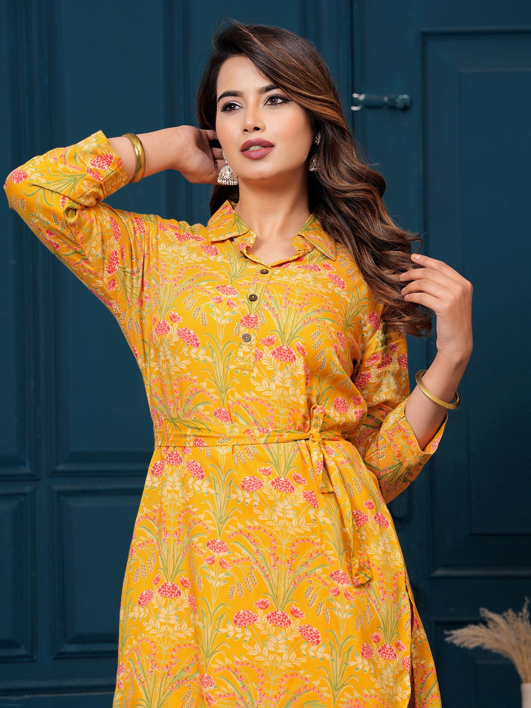 

Indo Era Printed Tunic With Trousers Co-Ords, Mustard