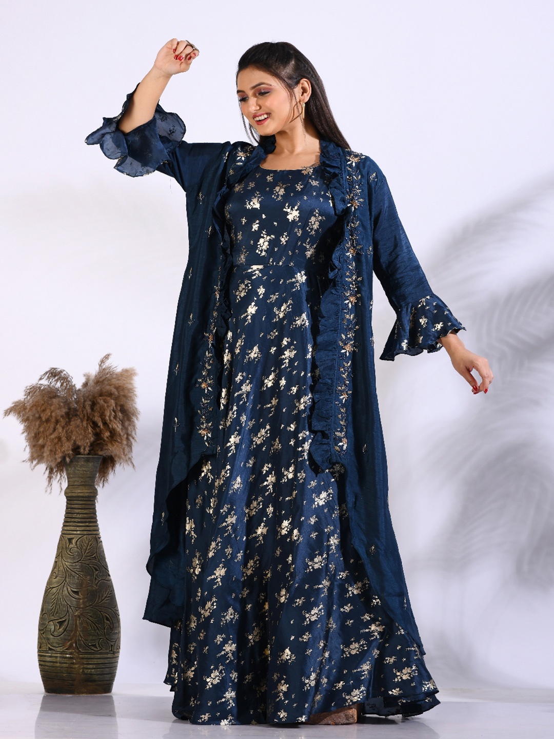 

Morchari Embroidered Flared Gown With Jacket, Blue