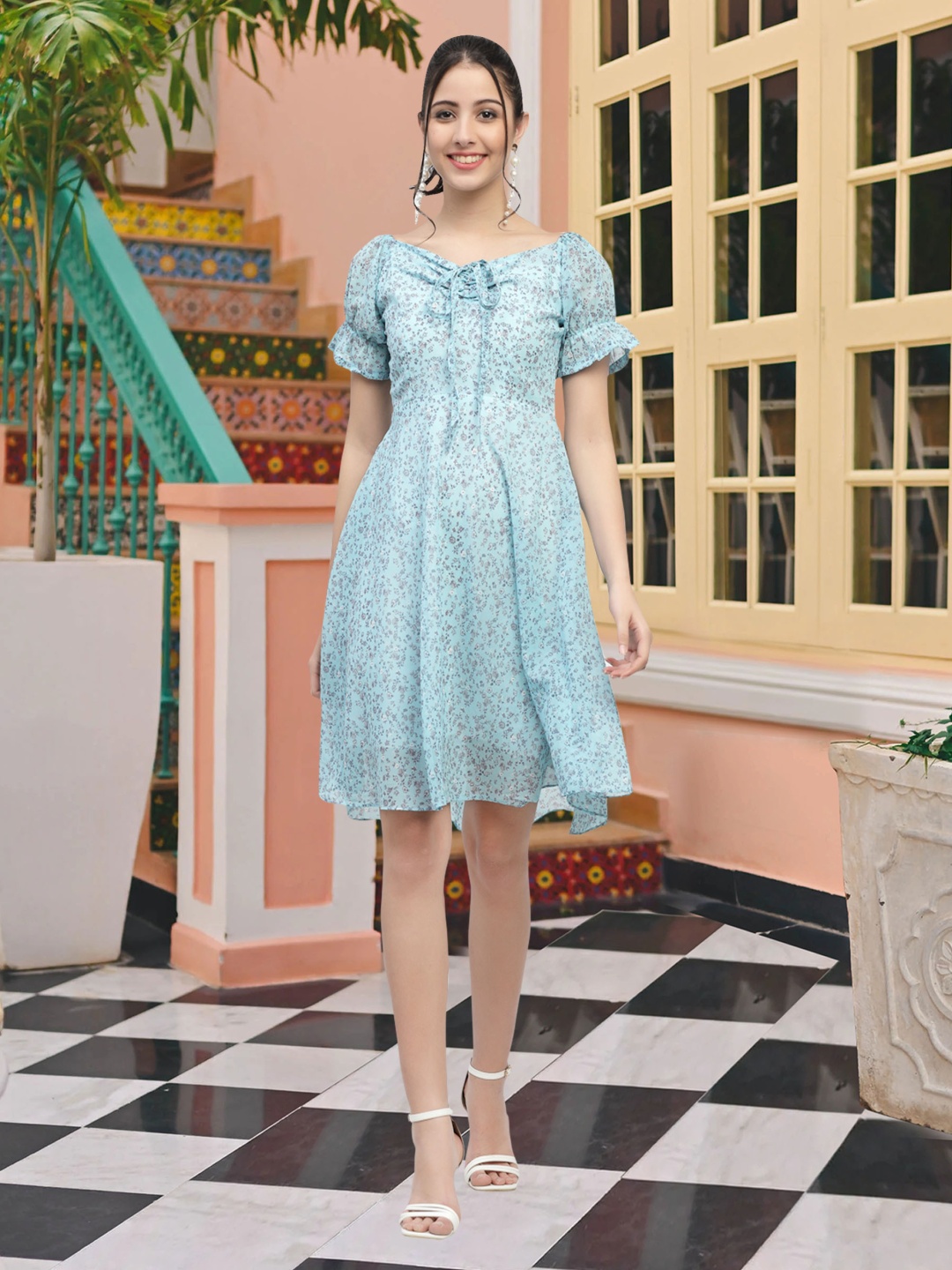 

MISS AYSE Women Printed Short Sleeves V-Neck Above Knee Fit & Flare Dress, Blue