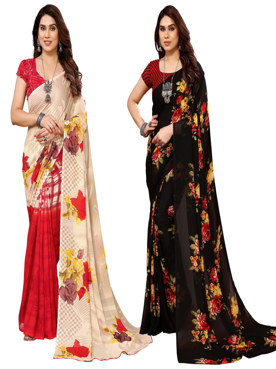 

ANAND SAREES Selection Of 2 Floral Printed Saree, Red