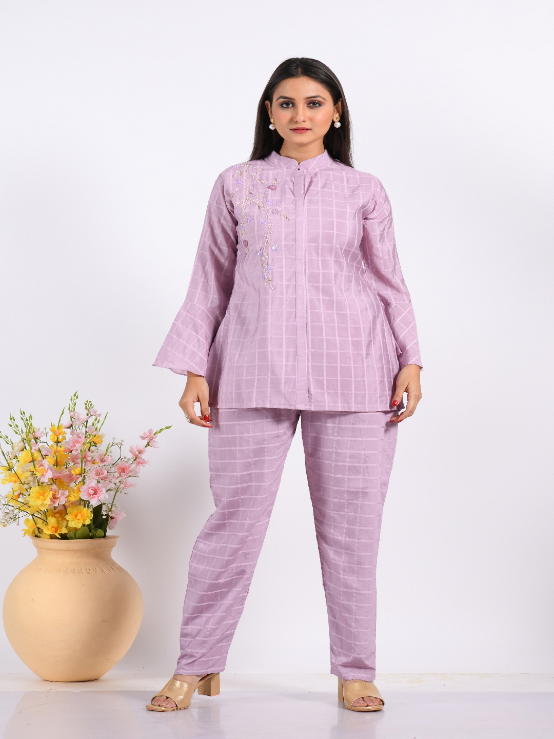 

Morchari Checked Mandarin Collar Neck Top & Flared Trouser Co-Ords, Purple