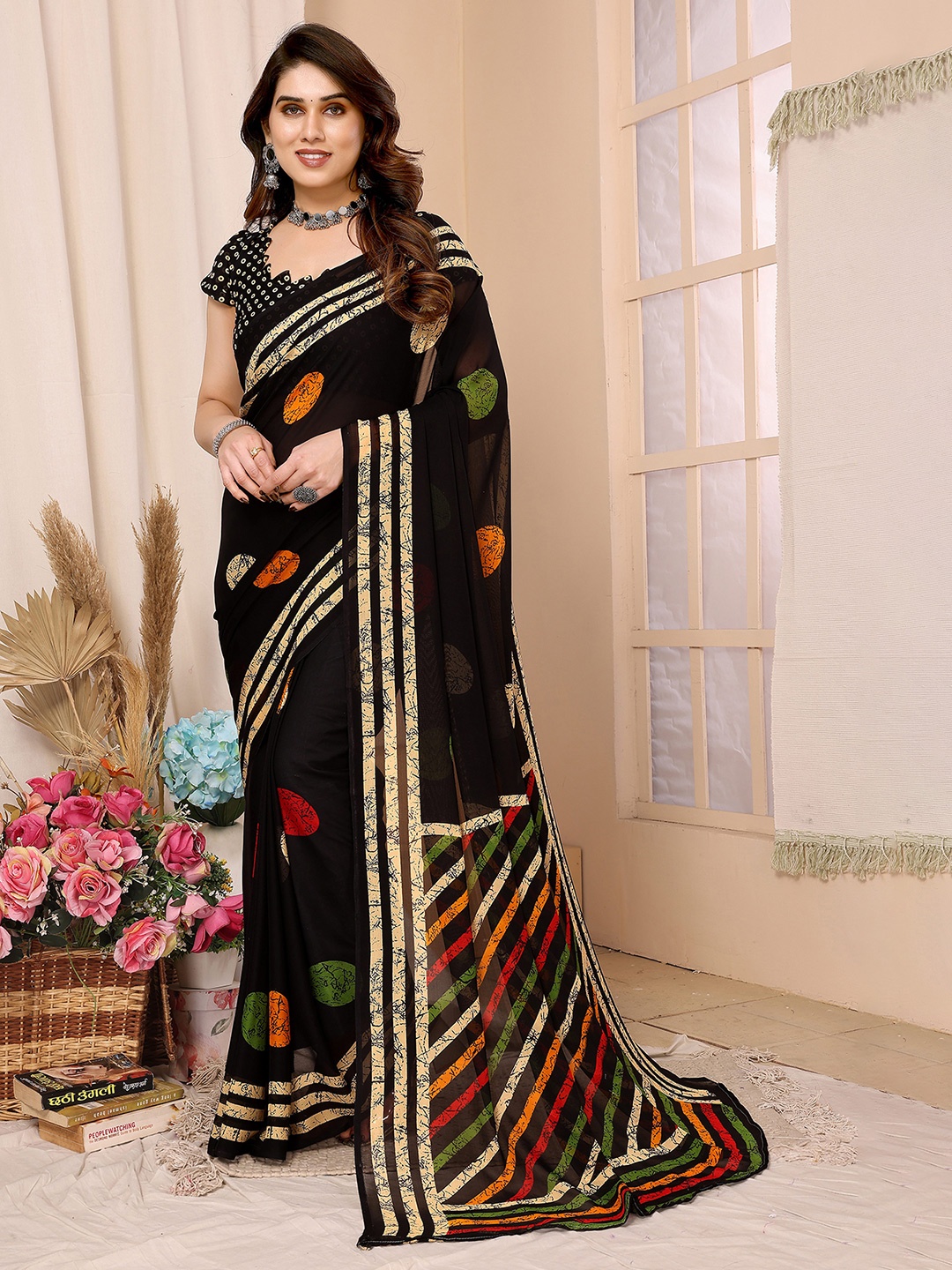 

Moda Rapido Polka Dot Poly Georgette Saree, Black