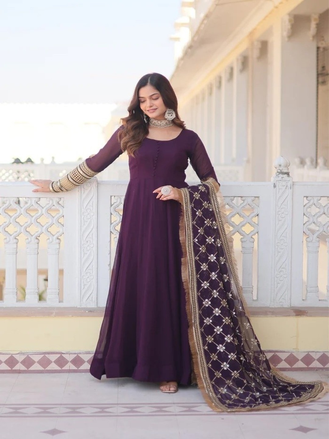

Fashion Basket Embroidered Flared Maxi Ethnic Dress With dupatta, Purple