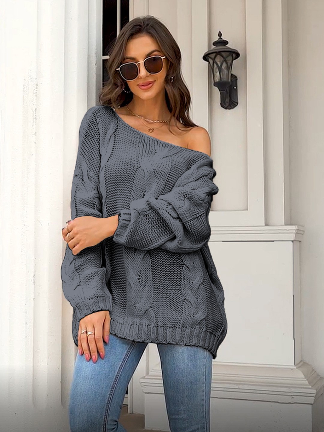 

StyleCast Women Cable Knit Self Design Pullover, Grey